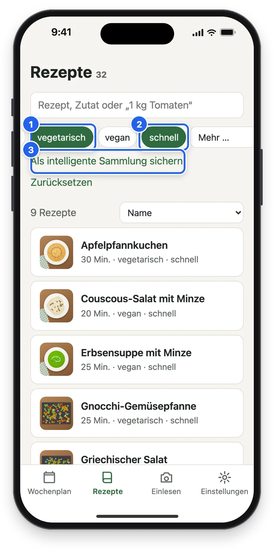 Die Filter vegetarisch und schnell, darunter Als intelligente Sammlung sichern
