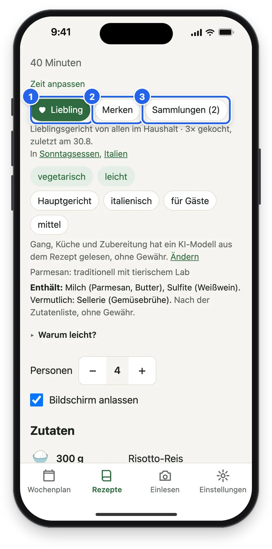 Im Rezept: Liebling, Merken, Sammlungen