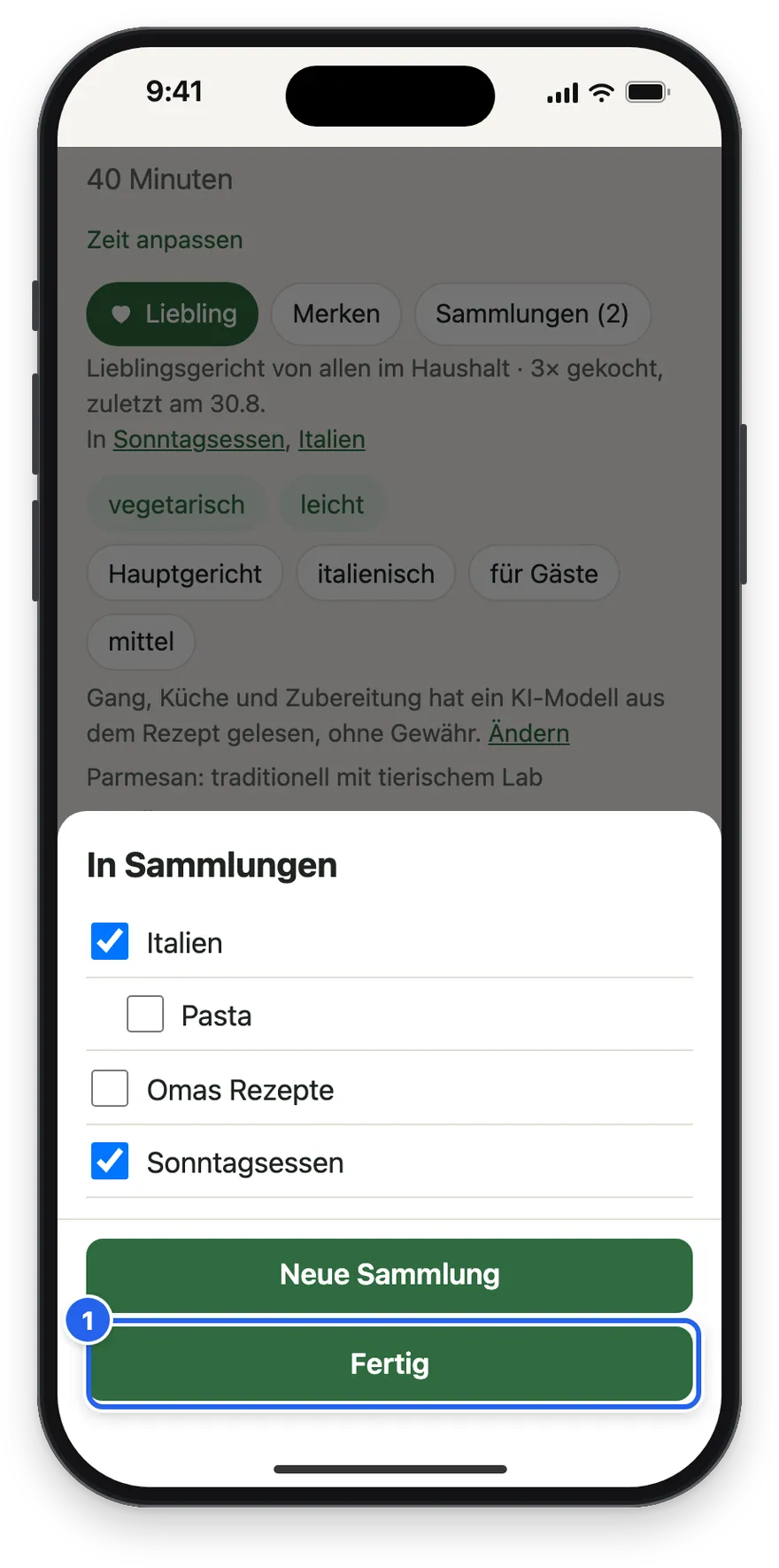 Das Blatt In Sammlungen mit Italien und Sonntagsessen angekreuzt