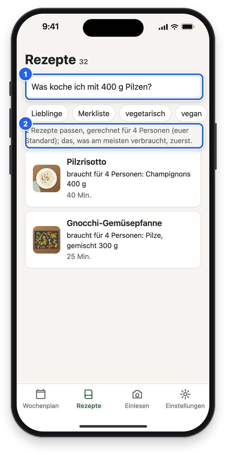 Die Suche Was koche ich mit 400 g Pilzen?