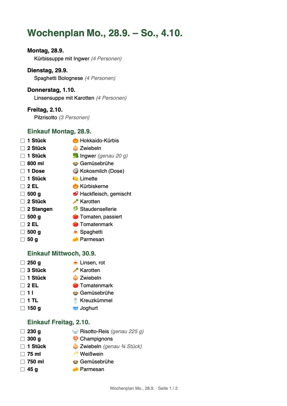 Das PDF des Wochenplans mit Tagen und Einkaufszetteln