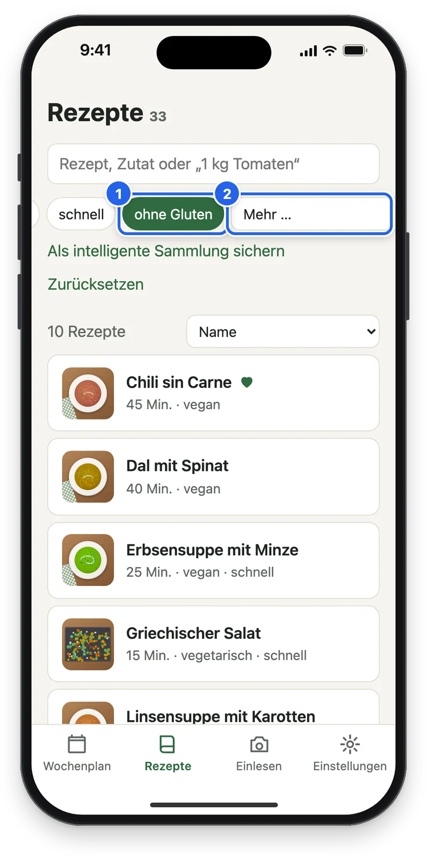 Die Filter vegetarisch und ohne Gluten