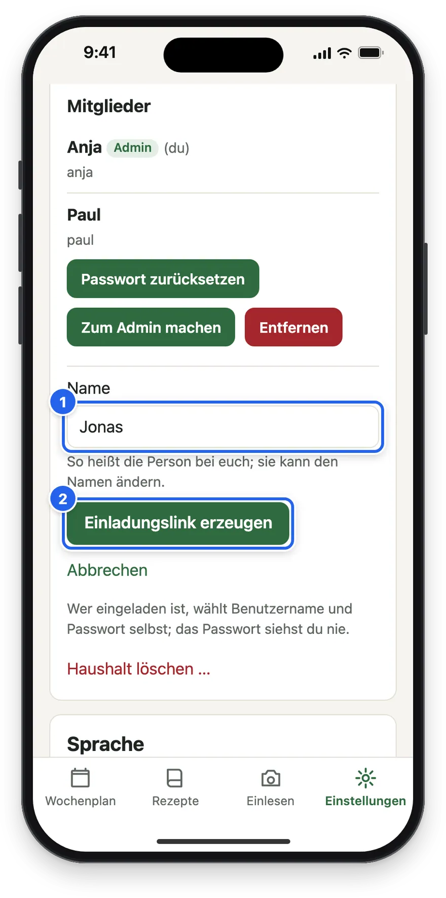 Das Feld Name mit Jonas und Einladungslink erzeugen