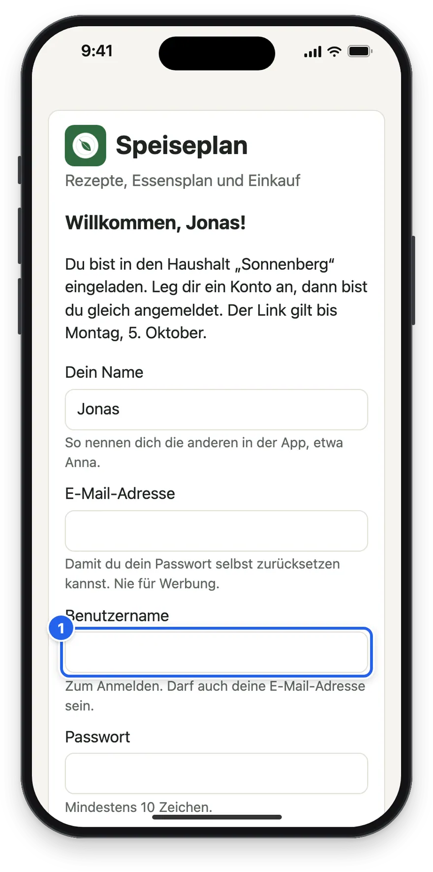 Willkommen, Jonas! mit dem Formular für das eigene Konto
