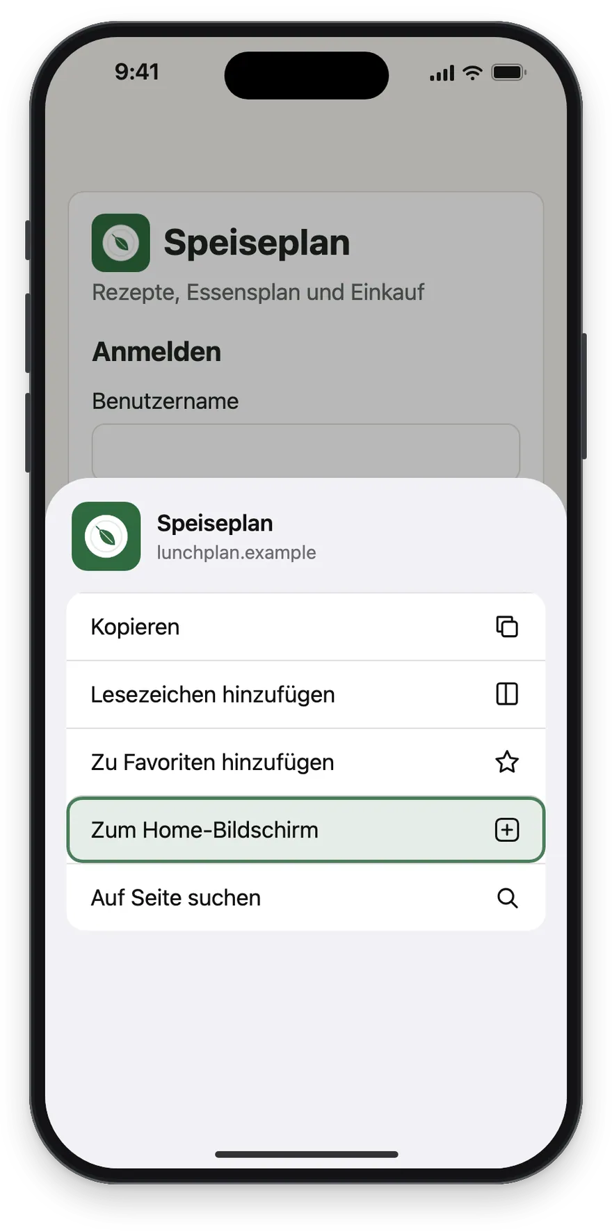Das Teilen-Menü mit Zum Home-Bildschirm