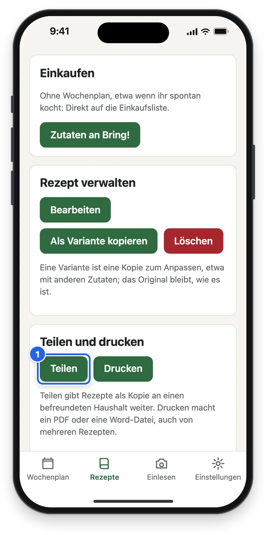 Der Knopf Teilen im Rezept