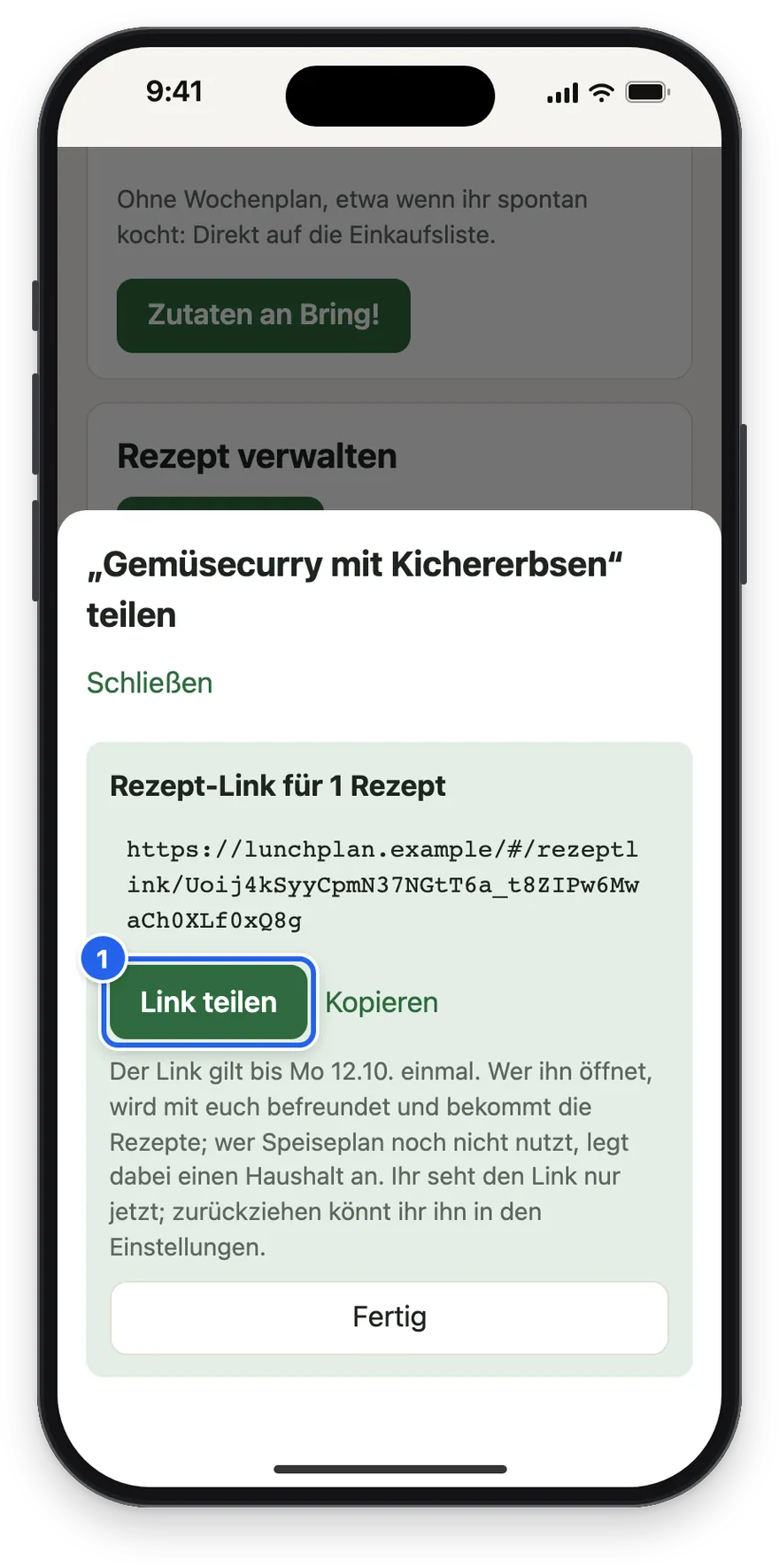 Der fertige Rezept-Link mit Link teilen