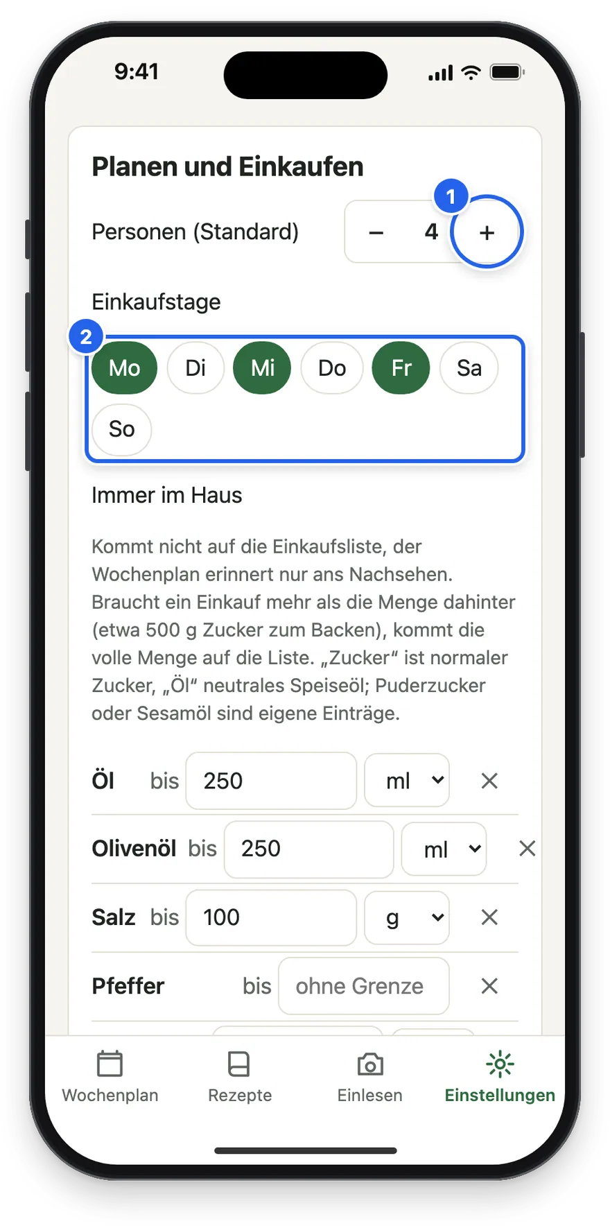Planen und Einkaufen mit Personen und Einkaufstagen