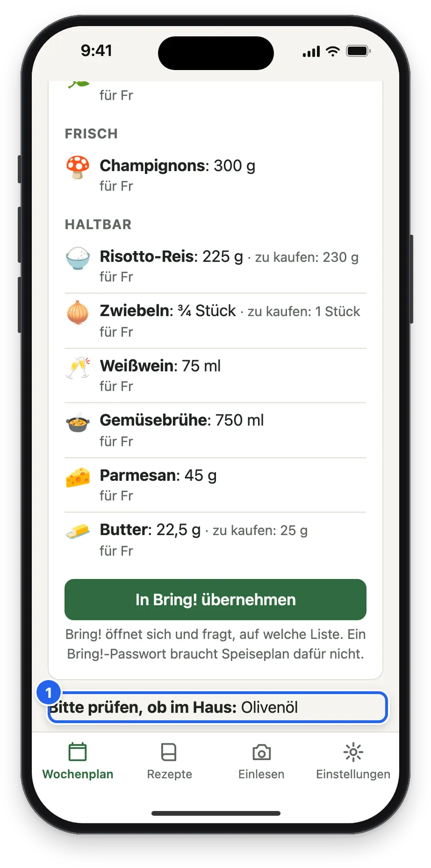 Bitte prüfen, ob im Haus: Olivenöl